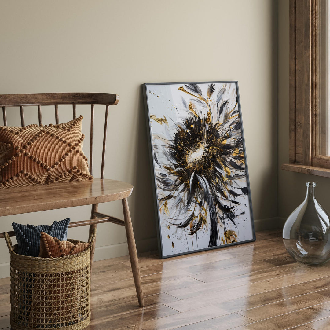 White Flower Bold Black and Gold Artwork | Striking Wall Print for Home & Office