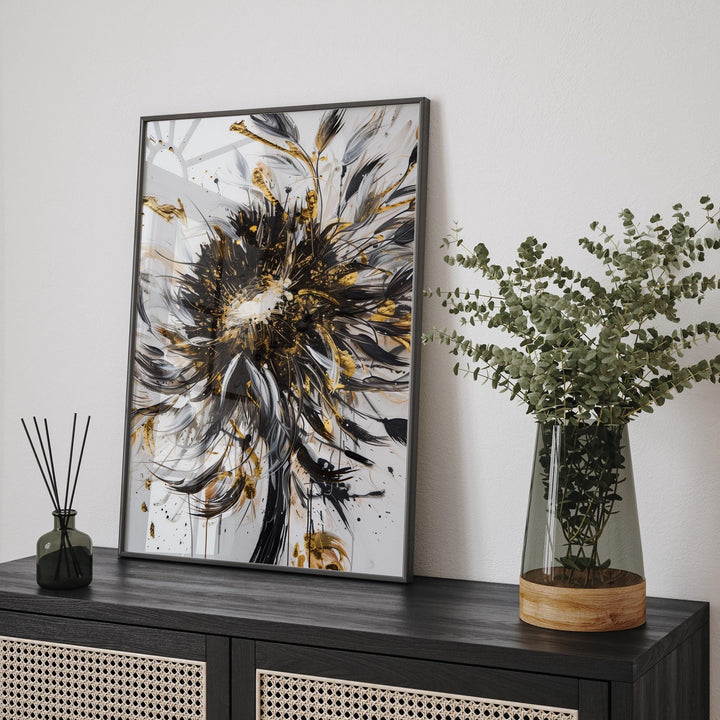 White Flower Bold Black and Gold Artwork | Striking Wall Print for Home & Office