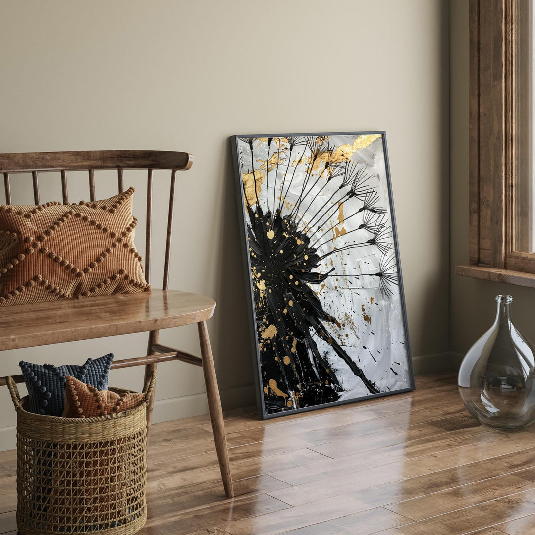 Black Flower Canvas Art |  Luxury Minimalist black and gold Print