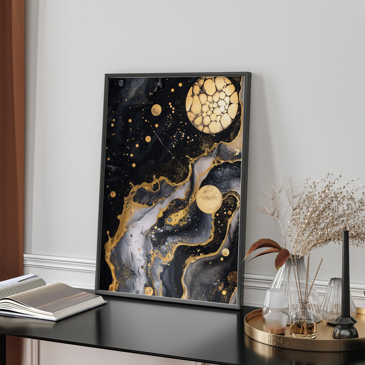 Galaxy Gold and Black Abstract Art Print | Modern Universe art for Elegant Home Decor