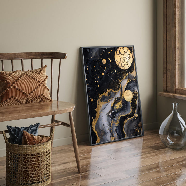 Galaxy Gold and Black Abstract Art Print | Modern Universe art for Elegant Home Decor