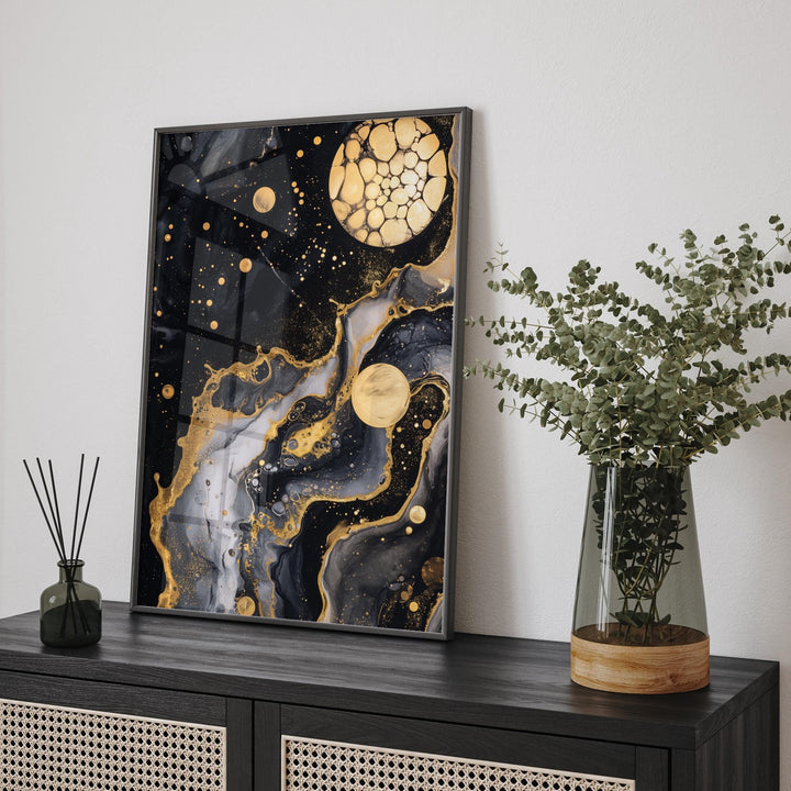 Galaxy Gold and Black Abstract Art Print | Modern Universe art for Elegant Home Decor
