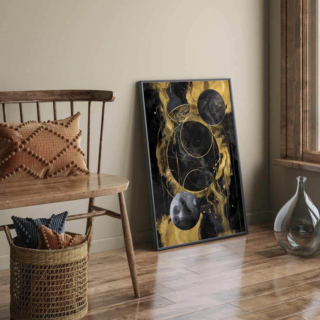 Solar System Art Print | Black and Gold Celestial Space Design for Modern Home Decor