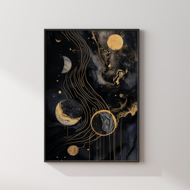 Solar System Art Print | Stunning Black and Gold Celestial Space Artwork for Modern Home or Office Decor