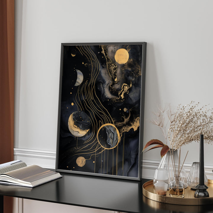 Solar System Art Print | Stunning Black and Gold Celestial Space Artwork for Modern Home or Office Decor