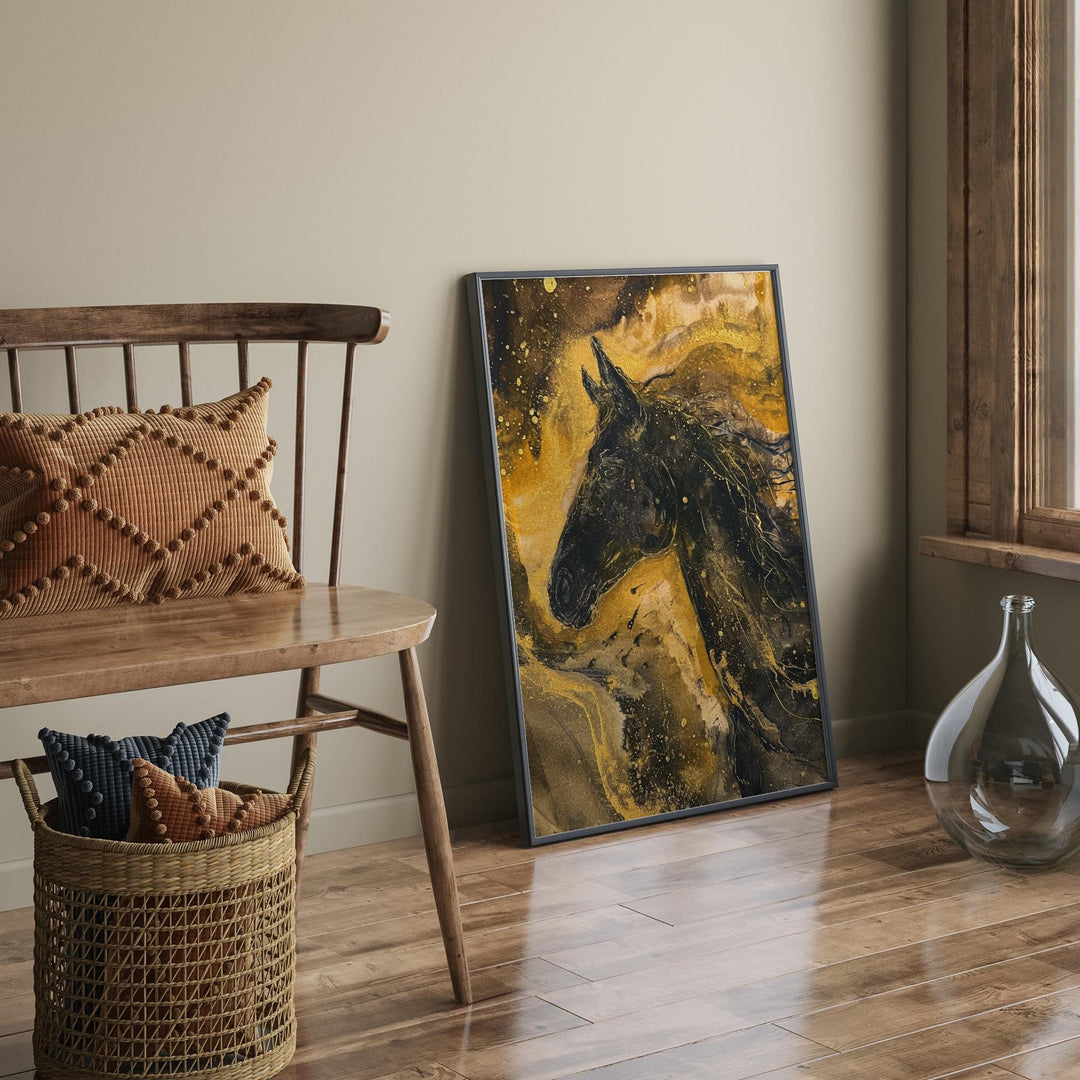 Black Horse with black & Gold background Wall Art Print  | Majestic Equine Artwork Floral Accents
