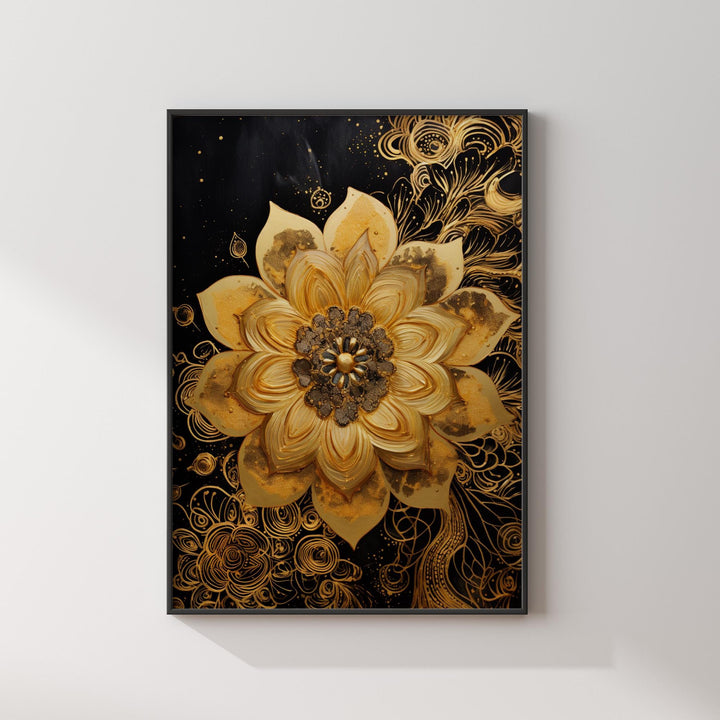 Gold Flower with black backgound Wall Art Print | Abstract Floral Nature-Inspired Decor