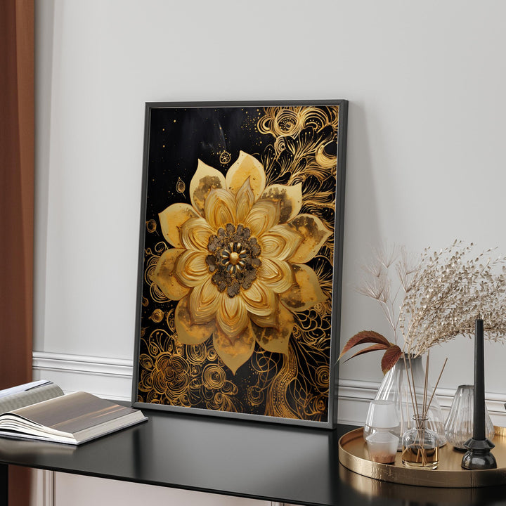 Gold Flower with black backgound Wall Art Print | Abstract Floral Nature-Inspired Decor