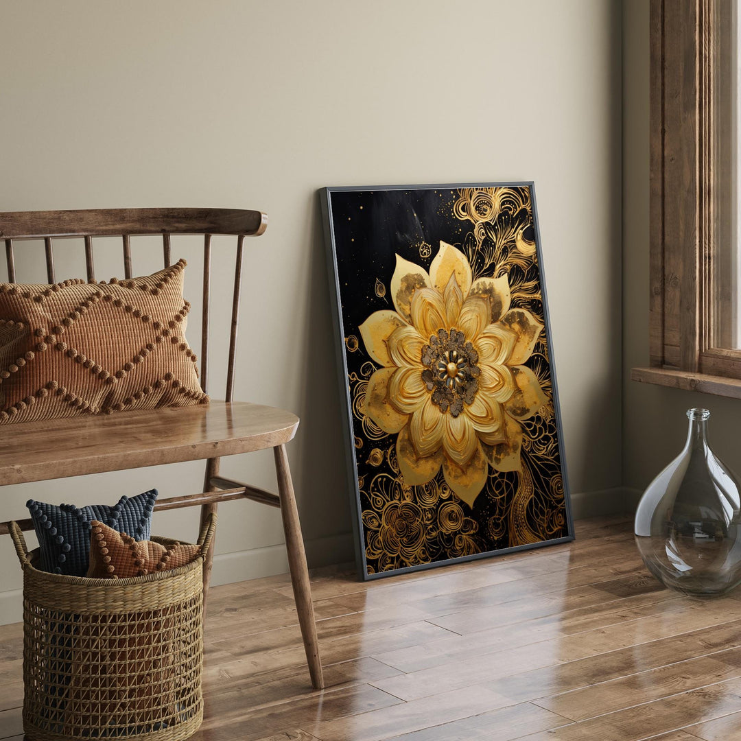 Gold Flower with black backgound Wall Art Print | Abstract Floral Nature-Inspired Decor