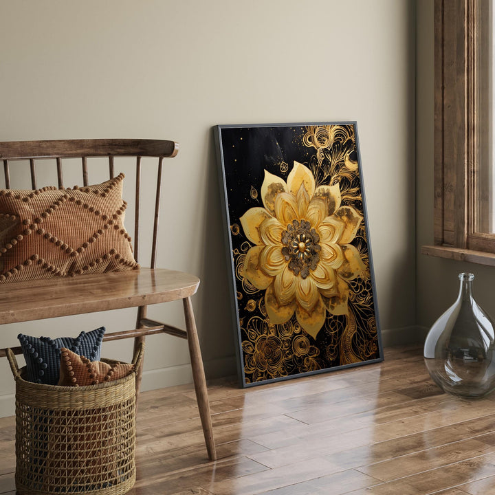 Gold Flower with black backgound Wall Art Print | Abstract Floral Nature-Inspired Decor