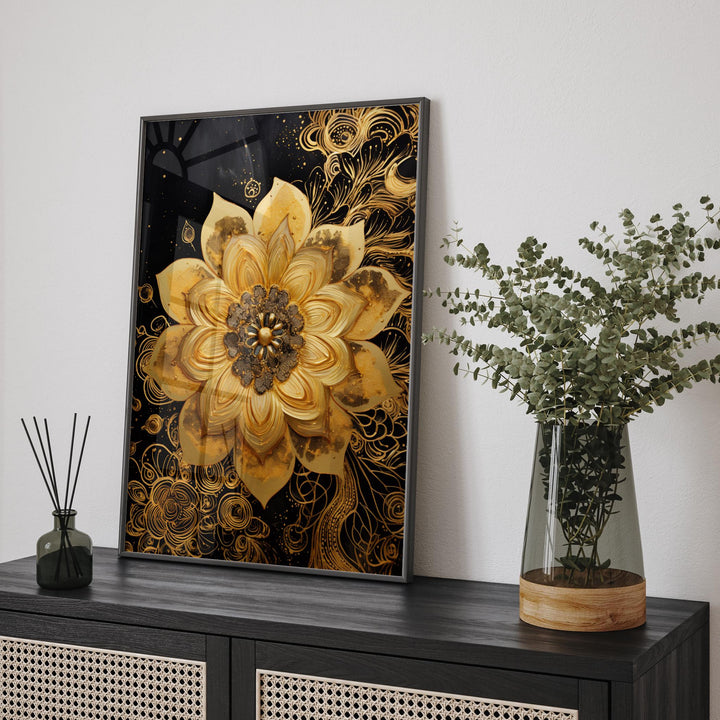 Gold Flower with black backgound Wall Art Print | Abstract Floral Nature-Inspired Decor