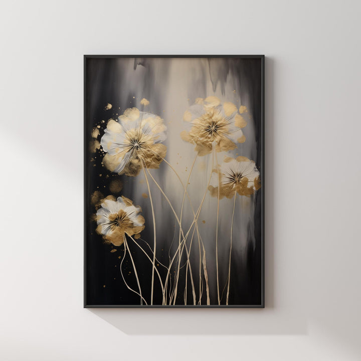 Dandelion Gold and White Flower Wall Art Print on Black Background | Modern Botanical Decor for Elegant Spaces