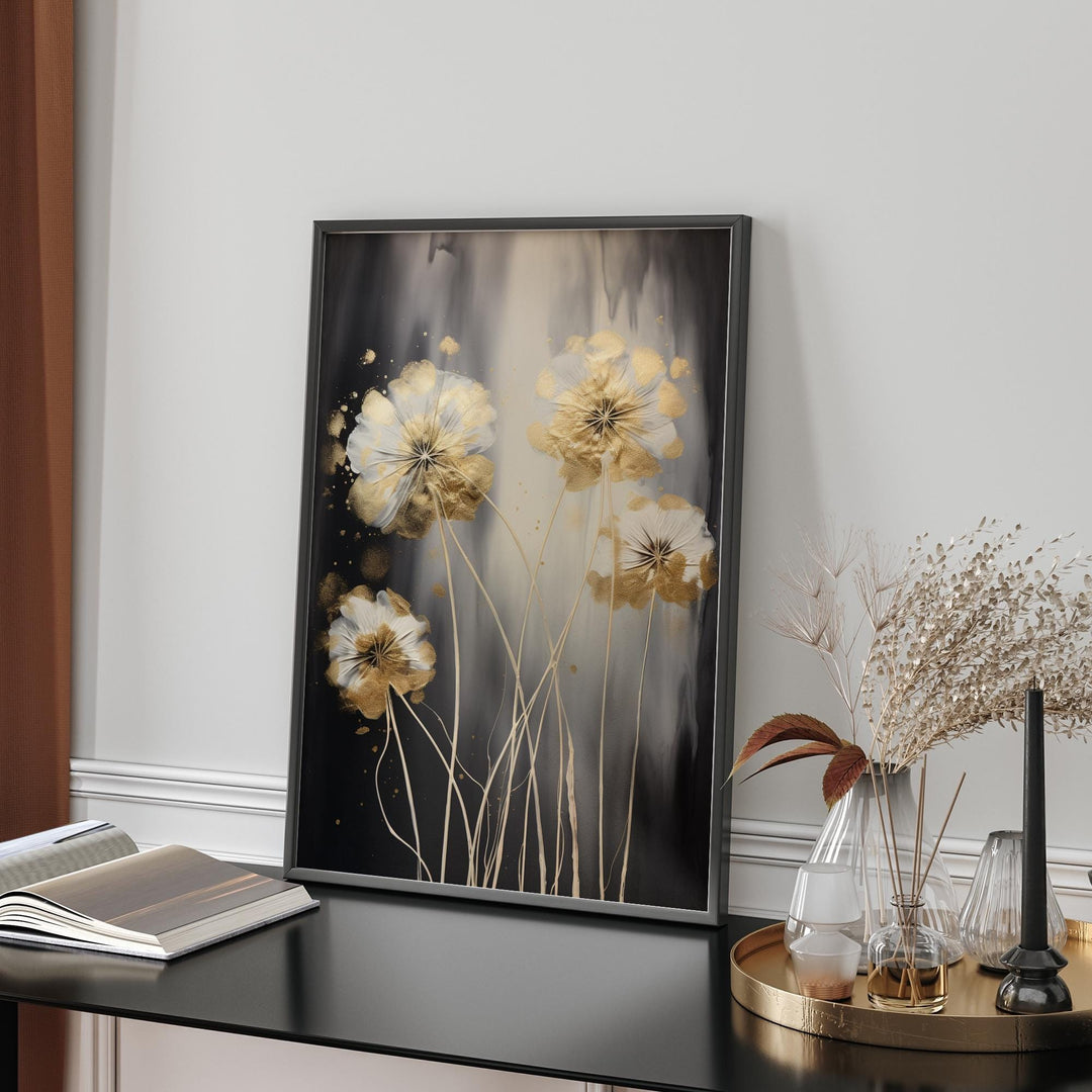Dandelion Gold and White Flower Wall Art Print on Black Background | Modern Botanical Decor for Elegant Spaces
