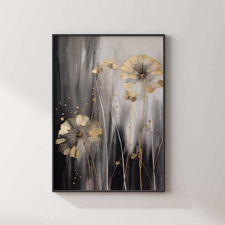 Dandelion Wall Art Print in Black, Grey, and Gold | Elegant Botanical and Floral Home Decor