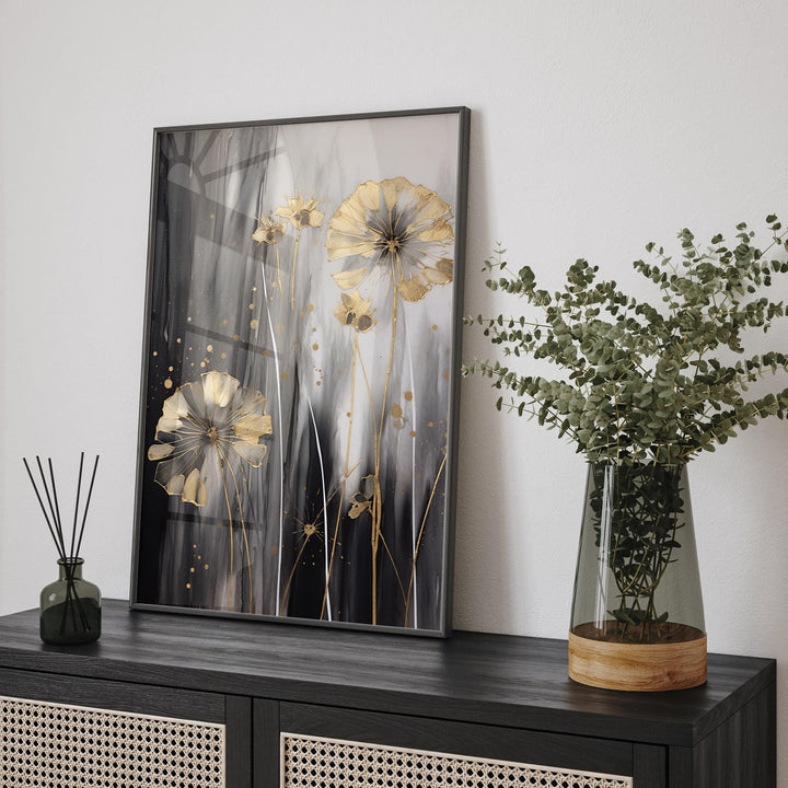 Dandelion Wall Art Print in Black, Grey, and Gold | Elegant Botanical and Floral Home Decor