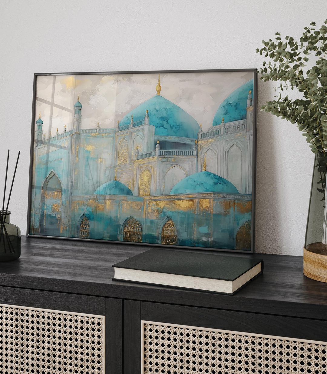 Afghanistan Wall Art | Blue Mosque In Mazar-i-Sharif | Ali | Teal & Gold Mosque Painting Art Print | Islamic Wall Art