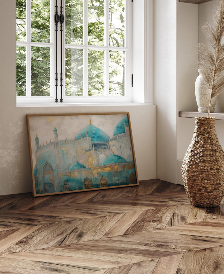 Afghanistan Wall Art | Blue Mosque In Mazar-i-Sharif | Ali | Teal & Gold Mosque Painting Art Print | Islamic Wall Art