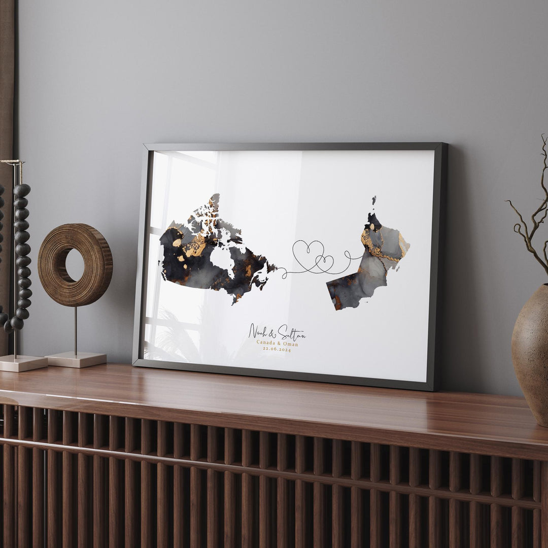 Canada and Oman Map Black & Gold Travel Wall Art Print | Canadian | Minimalist Decor | International Travel Art
