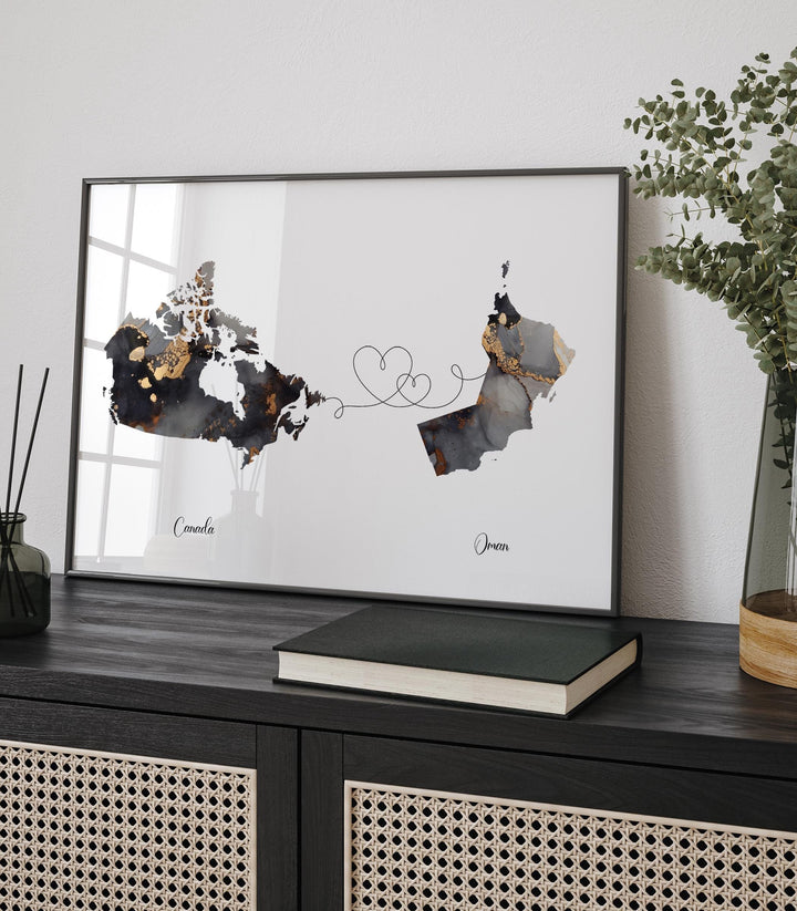 Canada and Oman Map Black & Gold Travel Wall Art Print | Canadian | Minimalist Decor | International Travel Art