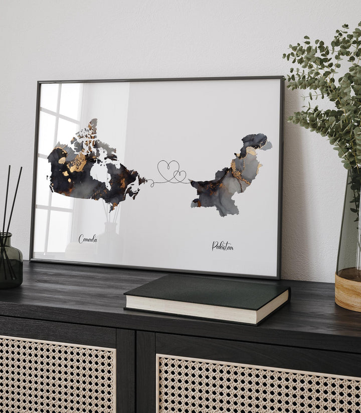 Canada and Pakistan Map Black & Gold Travel Wall Art Print | Canadian | Minimalist Decor | International Travel Art