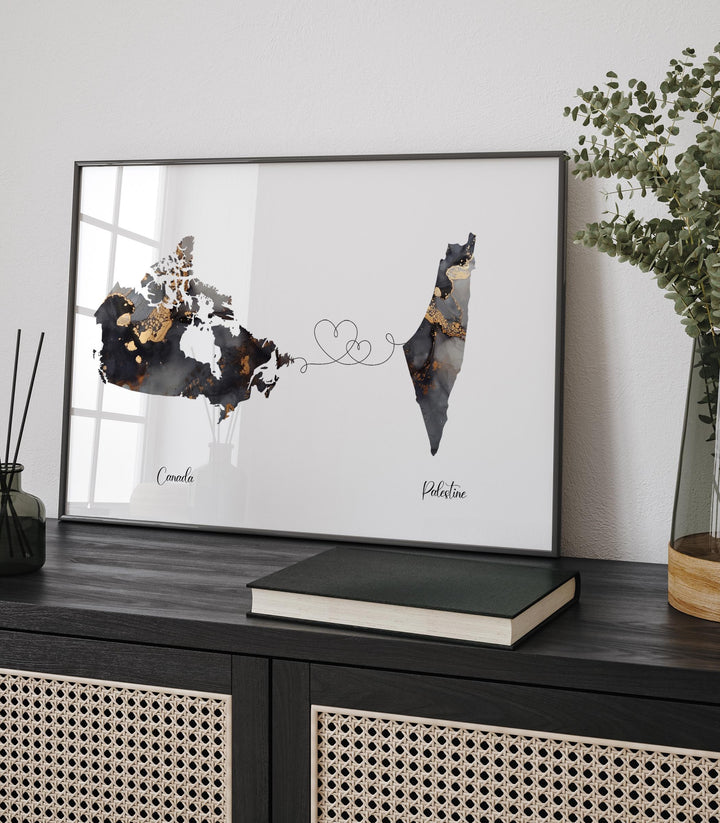Canada and Palestine Map Black & Gold Travel Wall Art Print | Canadian | Minimalist Decor | International Travel Art