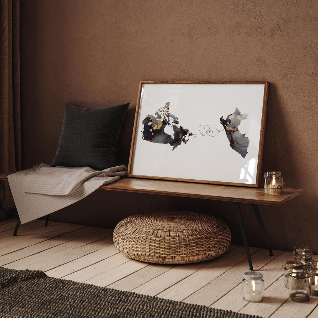 Canada and Peru Map Black & Gold Travel Wall Art Print | Canadian | Minimalist Decor | International Travel Art