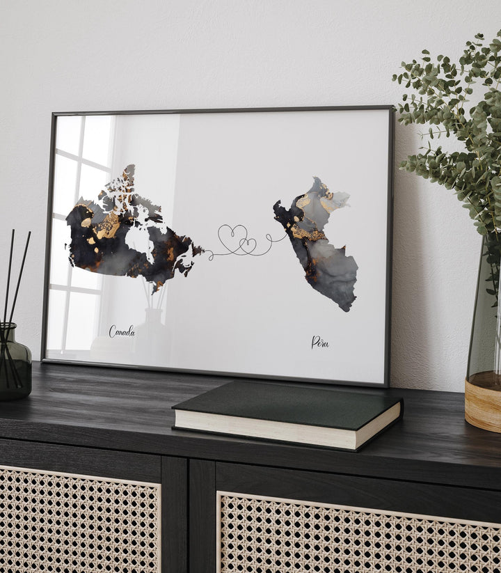 Canada and Peru Map Black & Gold Travel Wall Art Print | Canadian | Minimalist Decor | International Travel Art
