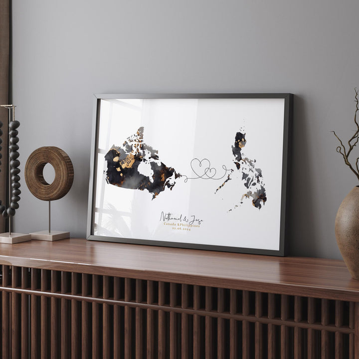 Canada and Philippines Map Black & Gold Travel Wall Art Print | Canadian | Minimalist Decor | International Travel Art