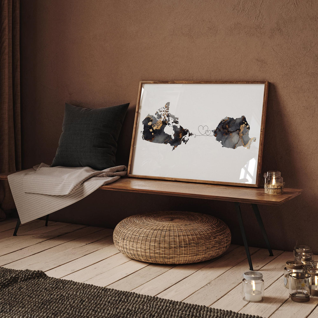 Canada and Romania Map Black & Gold Travel Wall Art Print | Canadian | Minimalist Decor | International Travel Art