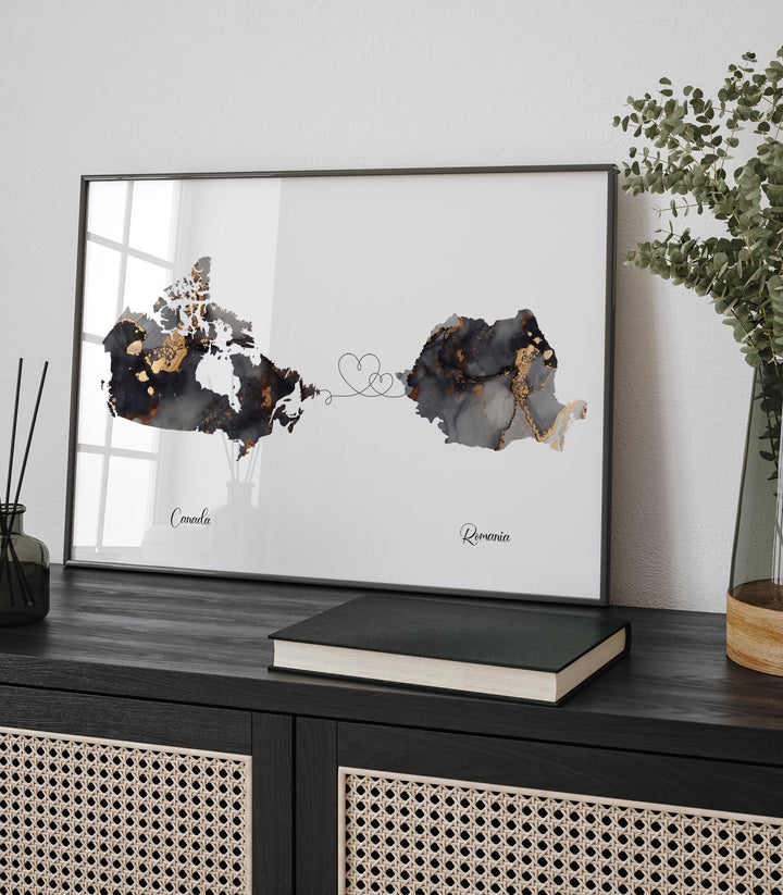 Canada and Romania Map Black & Gold Travel Wall Art Print | Canadian | Minimalist Decor | International Travel Art