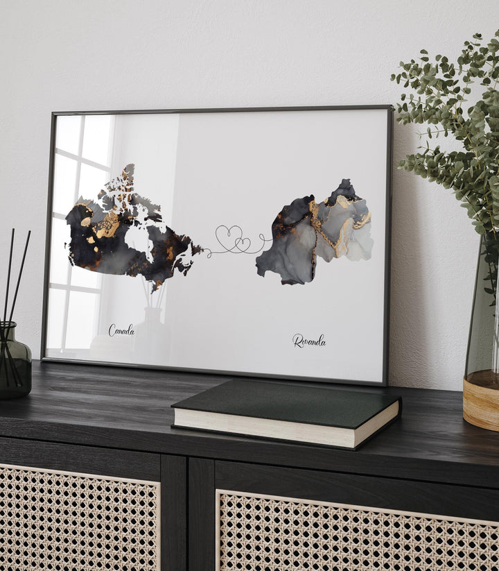 Canada and Rwanda Map Black & Gold Travel Wall Art Print | Canadian | Minimalist Decor | International Travel Art