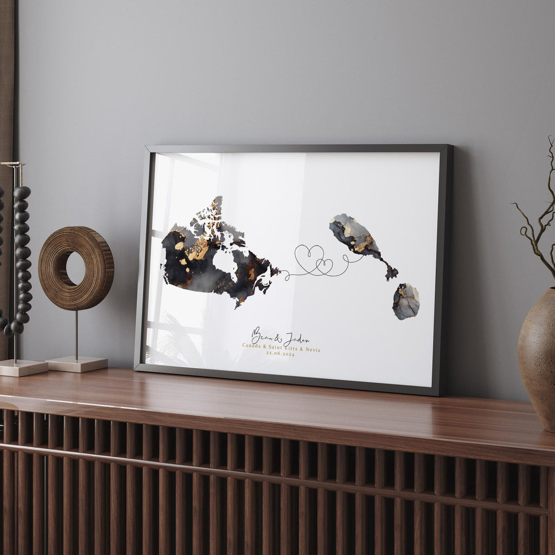 Canada and Saint Kitts & Nevis Map Black and Gold Travel Wall Art Print | Canadian | Minimalist Decor | International Travel Art