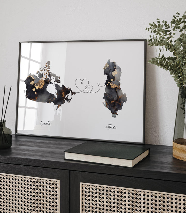 Canada and Albania Map Black & Gold Travel Wall Art Print | Canadian | Minimalist Decor | International Travel Art