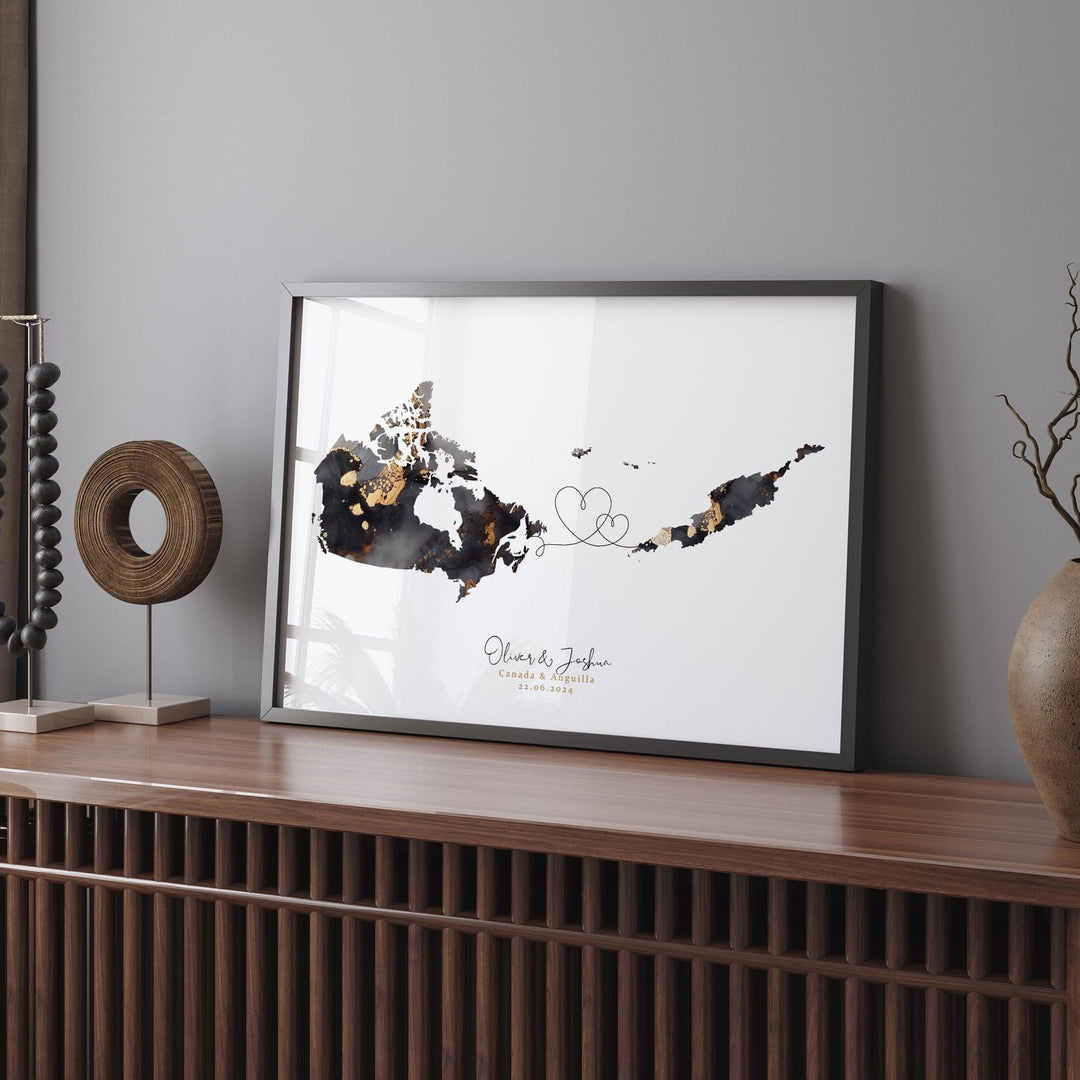 Canada and Anguilla Map Black & Gold Travel Wall Art Print | Canadian | Minimalist Decor | International Travel Art