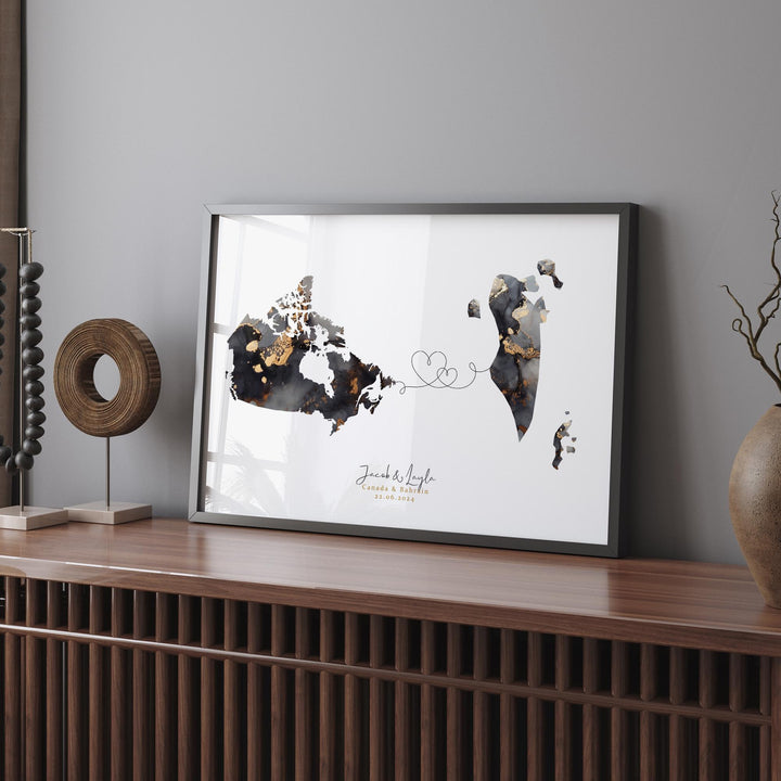 Canada and Bahrain Map Black & Gold Travel Wall Art Print | Canadian | Minimalist Decor | International Travel Art