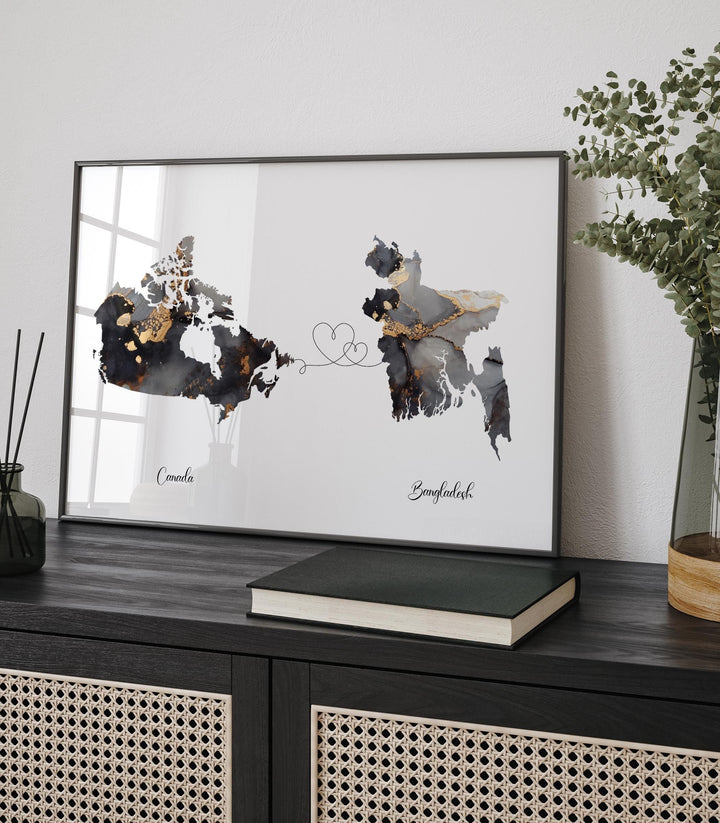 Canada and Bangladesh Map Black & Gold Travel Wall Art Print | Canadian | Minimalist Decor | International Travel Art