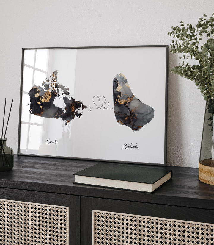 Canada and Barbados Map Black & Gold Travel Wall Art Print | Canadian | Minimalist Decor | International Travel Art