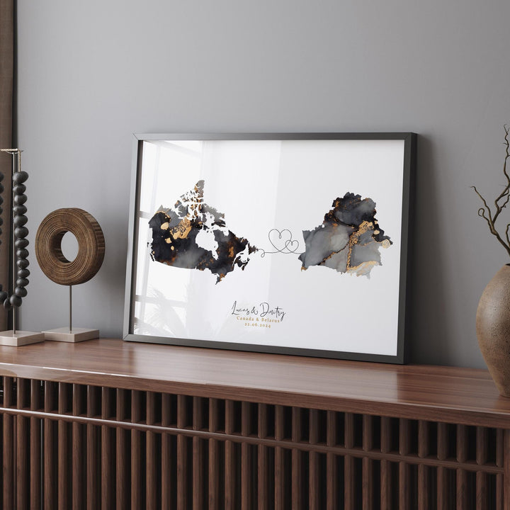 Canada and Belarus Map Black & Gold Travel Wall Art Print | Canadian | Minimalist Decor | International Travel Art