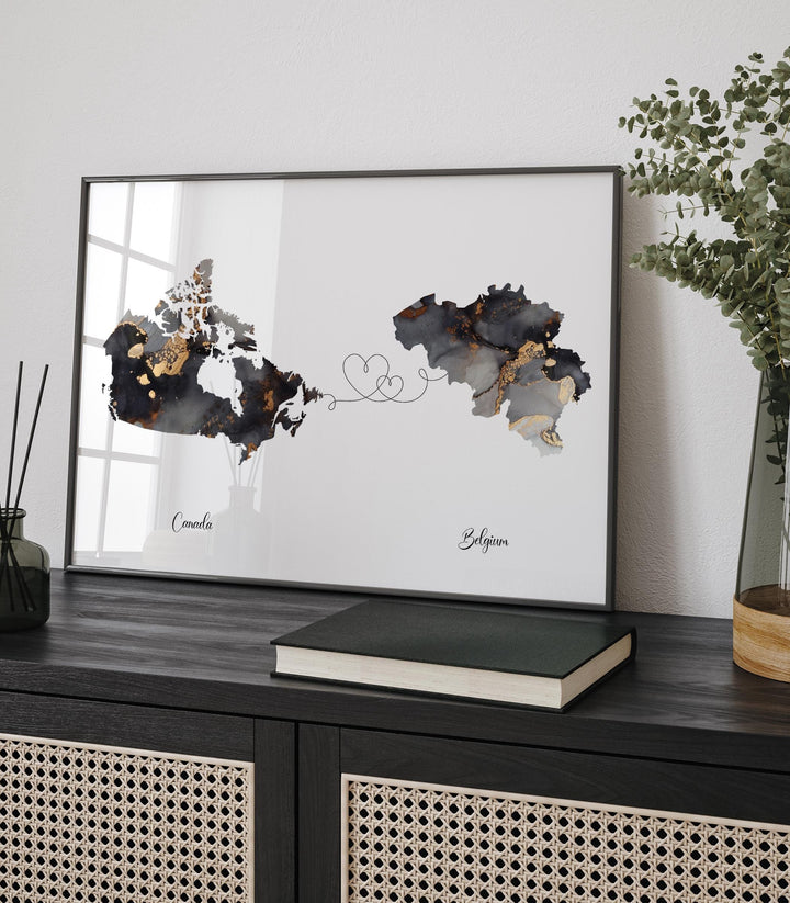 Canada and Belgium Map Black & Gold Travel Wall Art Print | Canadian | Minimalist Decor | International Travel Art