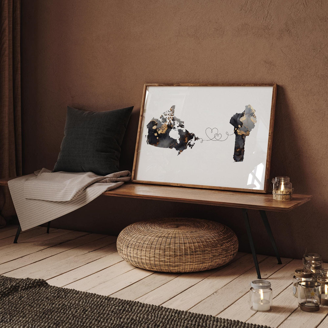 Canada and Benin Map Black & Gold Travel Wall Art Print | Canadian | Minimalist Decor | International Travel Art