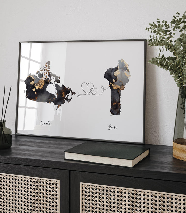 Canada and Benin Map Black & Gold Travel Wall Art Print | Canadian | Minimalist Decor | International Travel Art