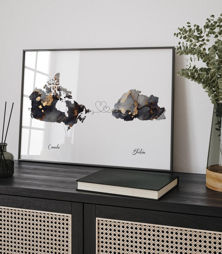 Canada and Bhutan Map Black & Gold Travel Wall Art Print | Canadian | Minimalist Decor | International Travel Art