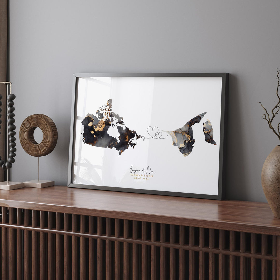 Canada and Brunei Map Black & Gold Travel Wall Art Print | Canadian | Minimalist Decor | International Travel Art
