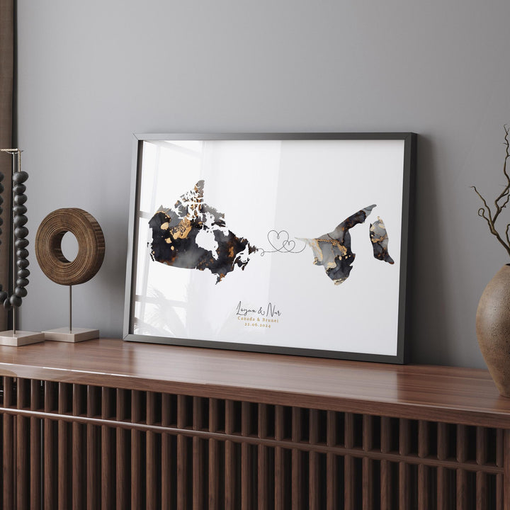 Canada and Brunei Map Black & Gold Travel Wall Art Print | Canadian | Minimalist Decor | International Travel Art