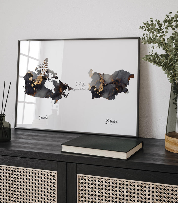 Canada and Bulgaria Map Black & Gold Travel Wall Art Print | Canadian | Minimalist Decor | International Travel Art