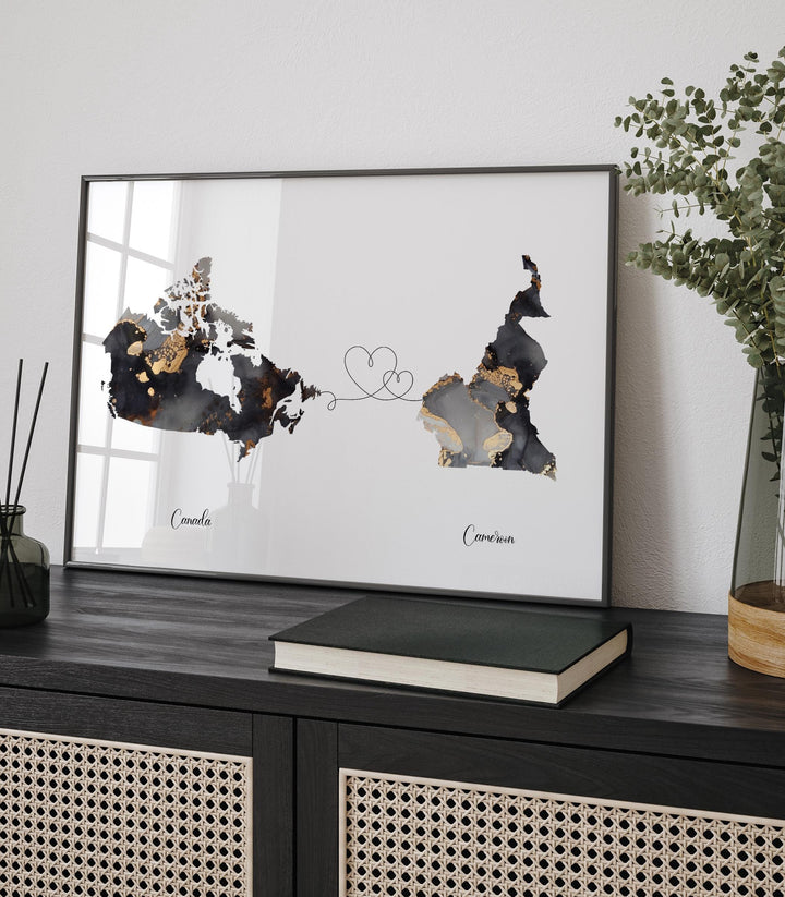 Canada and Cameroon Map Black & Gold Travel Wall Art Print | Canadian | Minimalist Decor | International Travel Art