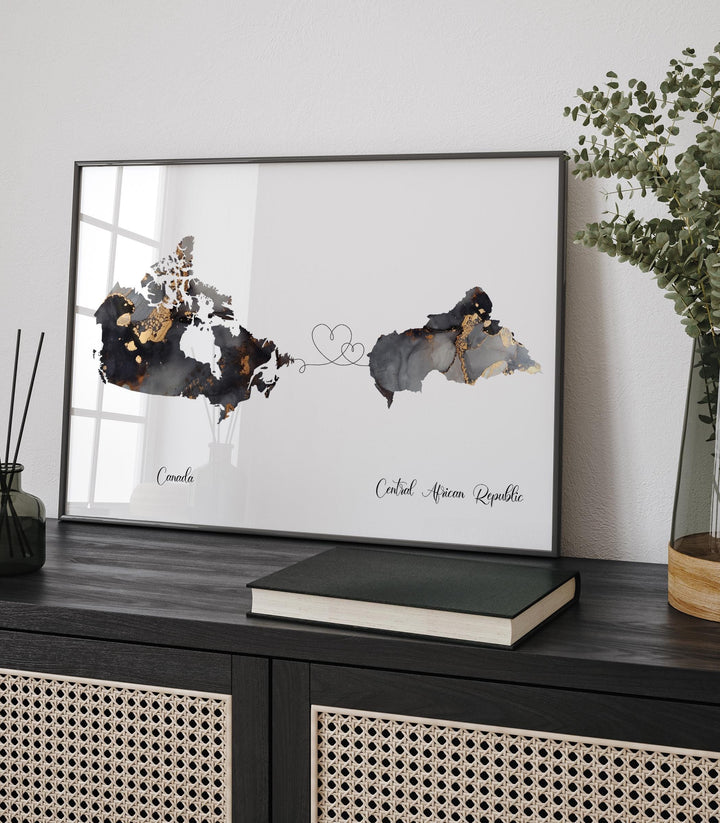 Canada and Central African Republic Map Black & Gold Travel Wall Art Print | Canadian | Minimalist Decor | International Travel Art