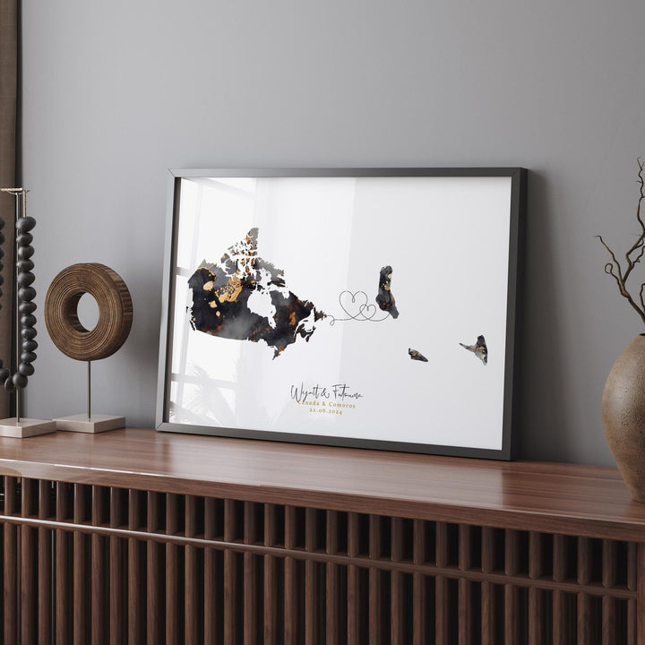 Canada and Comoros Map Black & Gold Travel Wall Art Print | Canadian | Minimalist Decor | International Travel Art