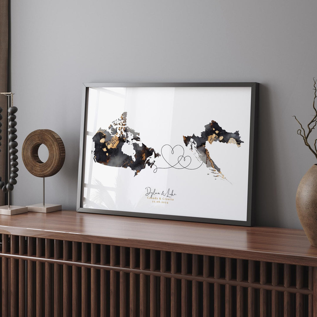 Canada and Croatia Map Black & Gold Travel Wall Art Print | Canadian | Minimalist Decor | International Travel Art