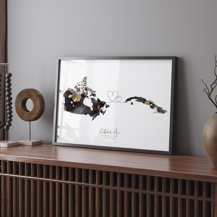 Canada and Cuba Map Black & Gold Travel Wall Art Print | Canadian | Minimalist Decor | International Travel Art